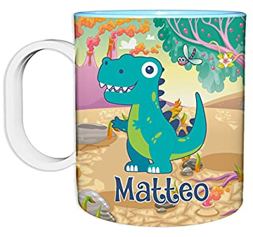 Fupies Tazza in plastica personalizzata con nome dinosauro, Azzurro