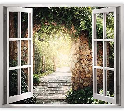 murando 3D WANDILLUSION Wandbild Natur Fototapete Poster XXL Fensterblick Vlies Leinwand Panorama Bilder Dekoration Efeu Steine Mauer Weg 140x100 cm f-B-0294-c-a