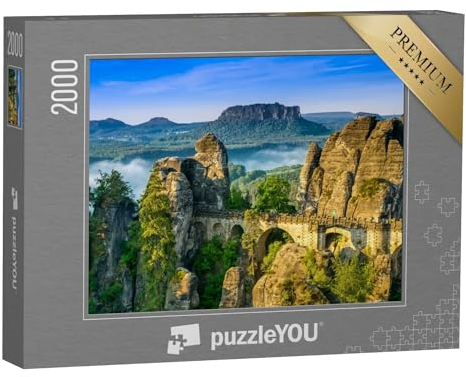 puzzleYOU: Puzzle 2000 Teile „Sonnenaufgang an der Bastei in der Sächsischen Schweiz, Deutschland“ – aus der Puzzle-Kollektion Natur, Brücken, Deutschland, Brücken & Brunnen, Sächsische Schweiz