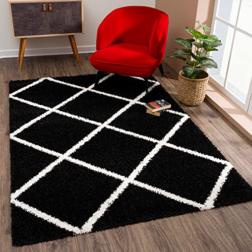 SANAT Madrid Shaggy Teppich - Hochflor Teppiche für Wohnzimmer, Schlafzimmer, Küche - Schwarz, Größe: 140x200 cm