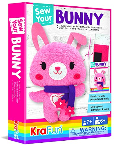KRAFUN Kinder-Nähset für Anfänger ab 7 Jahren, Häschen-Stoftpuppe, Plüschfilz, Anleitung, Wiederverwendbare Box, Lernspielzeug zum Nähen und Sticken