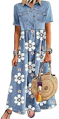 shownicer Robe Jean Été Femme De Plage Rétro Denim Robes Col V Casual Tuniques Ample Chemise Longue Chemisier en Jean Maxi Robe D Bleu Clair XXL
