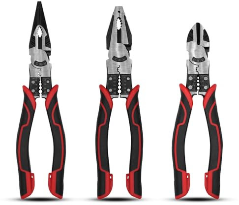 TOOLEAGUE 3Pcs Heavy Duty Pliers Set, 5 in 1 Lineman Pliers, Diagonal Side Cutting Pliers, Needle Nose Pliers with Wire Stripper/Crimper/Cutter Function
