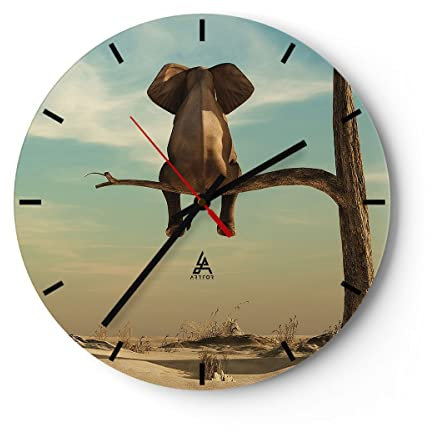 Modern Wanduhr Elefant sitzend AST 30x30cm Rund Klein Wand Uhr Glas Analog Zimmeruhren Küche Büro Wohnzimmer Glasuhr Wall Clock Dekoration Design Wanddekoration Küchenuhr C3AR30x30-4557