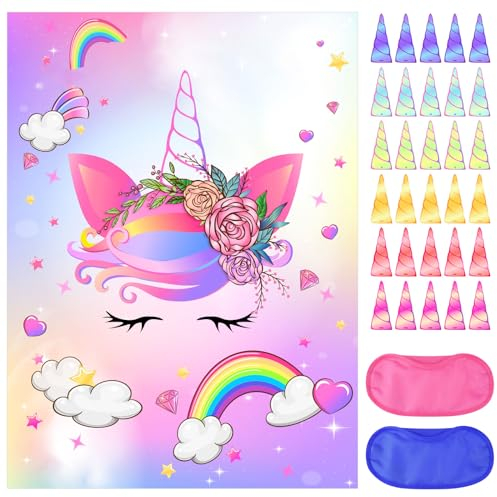 NEBURORA Pin das Horn auf dem Einhorn mit 30 PCS Hörner Einhorn Geburtstag Party Zubehör für Mädchen Geburtstag Partyspiel für Kinder
