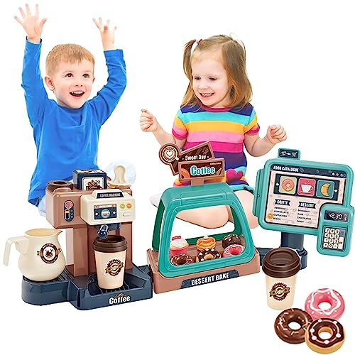 COO11 41-Piece Cash Register with Coffee Maker and Dessert Bakery Toy Set, Realistic Lights and Sounds, Play Food and Kitchen Accessories - Educational Pretend Play Gift for Kids Ages 3+