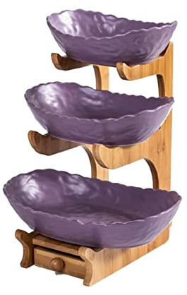 JUNYFFF Fruttiera 3 Ripiani in Ceramica, Portafrutta A Ripiani in Legno Naturale, Cestino di Frutta in Ceramica, Cesta Portafrutta per Frutta E Verdura, Soggiorno E Ristorante (Viola, Blu),A