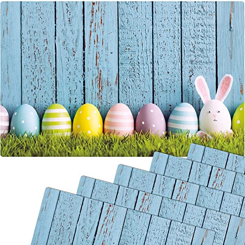 matches21 Frühlingshafte Tischsets Platzsets Motiv abwaschbar Osterhase Ostereier Blaue Holzwand bunt 6er 43,5x28,5 cm
