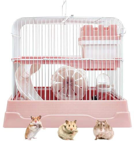 PINVNBY 2-Tier Dwarf Hamster Cage, Travel Portable Mouse Cage Gerbil Cages and Habitats Small Animal Carrier with Castle House Running Exercise Wheels, Water Bottle and Food Dis