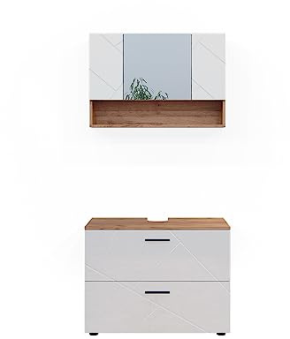 Vicco Badmöbel-Set Irma, Weiß Hochglanz/Goldkraft Eiche 80 cm | 2-teilig · Waschtischunterschrank · Spiegel