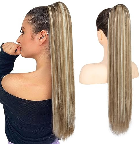 Flufymooz Ponytail Extension Pferdeschwanzverlängerung, 66 cm langer gerader Pferdeschwanz mit Kordelzug, Lockiger Pferdeschwanz Synthetisches Haarteil für Damen(Aschbraun mit blonden Reflexen)
