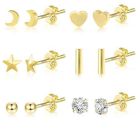 ASH'S CHOICE Gold Stud Earrings Multipack - 6 Pairs 9ct Gold & 14k Goldplated Moon Star Heart Ball & Sleeper Cartilage Studs