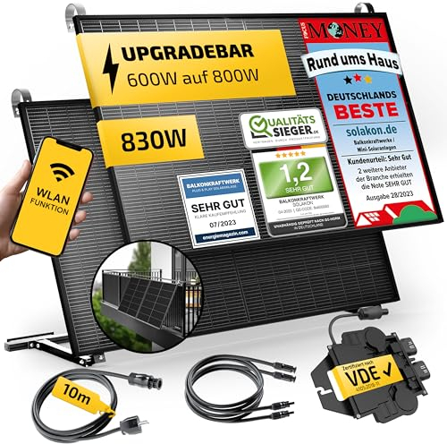 Solakon 900W Balkonkraftwerk mit Halterung (Balkon) - Balkonkraftwerk 800W komplett Steckdose - 800 Watt Wechselrichter - Solaranlage Komplettset - 450W bifaziale Solarmodule inkl. Zubehör - 10m Kabel