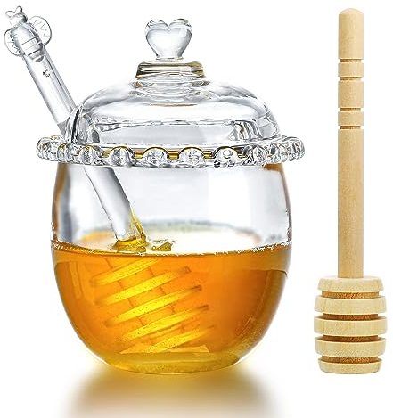 H&D Hyaline&Dora Tarro de cristal para miel con cucharón y tapa, dispensador de miel de cristal de 6 onzas con cuchara