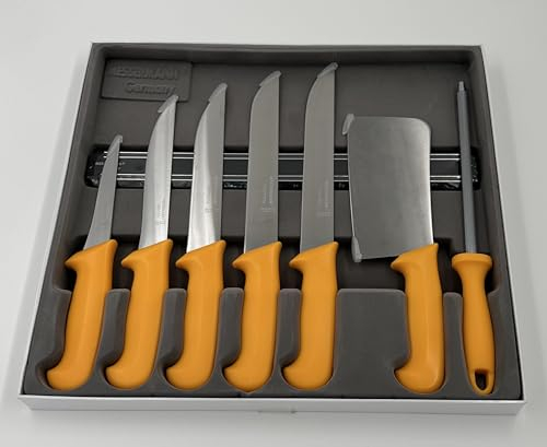 Messermann Germany Messer Set 8 Teilig mit Magnet und Schrauben für die Wand Messerset Scharf Küchenmesser Profi Kochmesser Ausbeinmesser Hackbeil Wetzstahl in Gelb