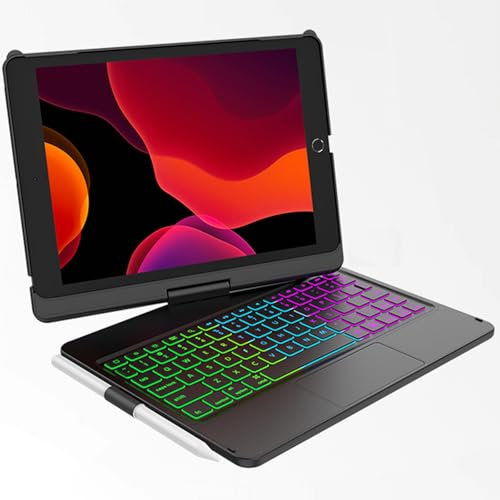 KARFUN Funda Teclado iPad 9/8/7 Generación, 10.2'' 2021 Funda con Teclado, 360° Teclado Inalámbrico Bluetooth con 7 Retroiluminación Auto Sleep Wake9, Touchpad Inteligente, Teclado Español