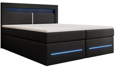 Boxspringbett Nera 140x200 Doppelbett Polsterbett Bett mit LED, USB und Stauraum | Bezug: Stoff | Farbe: Schwarz | Härtegrad: H4 (100kg+)