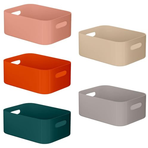 W&H 5 PCS Plastic Storage Baskets, Medium Storage Boxes with Handle, Rectangular Home & Kitchen Organiser, Plastic Baskets for Bathroom, Shelves, Office and School - 25×17×10cm (Colorful)
