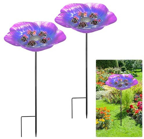 2pcs Bee Watering Flower, Vivid Bee Drinking Station with 60 Glass Marbles Beautiful Flower Design Bee Drinking Cups for Garden Outdoor Courtyard Decorations