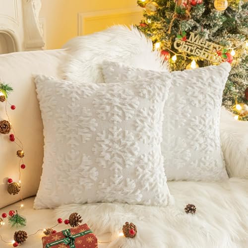 XNSHUN 2er Set Kissenbezug Weihnachten, Deko Kissenhüllen Weihnachtsdeko Plüschkissen Sofakissen Deko Bezug, Zierkissenbezug Für Kissen Sofa Schlafzimmer Wohnzimmer (50x50cm,Weiß-Schneeflocke)