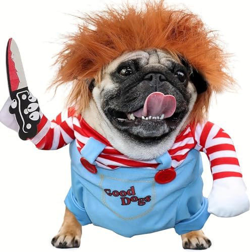 Chucky Hundekostüm mit Messer Perücke Gruseliger Pirat Welpenkostüm Haustier Tödliche Puppe Hundekostüm Lustiges Halloween Hund Verstellbares Kostüm für Haustier Kleine Mittelgroße Hunde Katzen