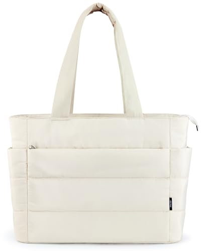 KALIDI Quilted Tote Bags for Women Puffer Laptop Handbag Large with Zip Multi Compartments for Work,Shopping,Gym,Travel (Beige)