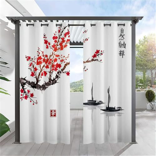 Hiseng Outdoor Vorhang Wetterfest mit Ösen 2 Stück Balkon Outdoorvorhänge Wasserdicht Blickdicht Vorhang Sichtschutz Vorhänge für Garten Terrasse -Chinesischer Stil (106x160cm,Boot)