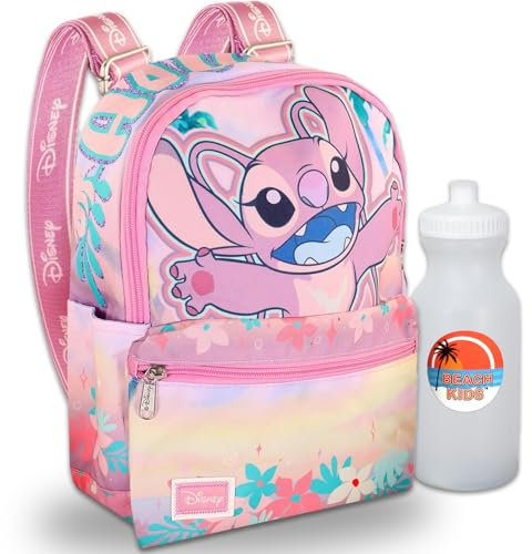 Angel From Lilo and Stitch - Juego de mochila para niños, paquete con mochila escolar de ángel Lilo y Stitch de 13 pulgadas con bolsillo frontal, botella de agua, mochila de ángel Disney para la