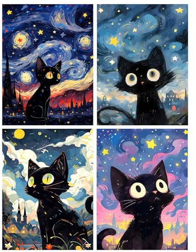 Bowetile 4er-Pack 5D Diamond Painting Bilder, Diamant Painting Sternennachtskatze, Süße Katze Diamond Painting Set für Erwachsene Kinder, DIY Diamond Art Kreuzstichbilder für Wohnkultur 30x40 cm