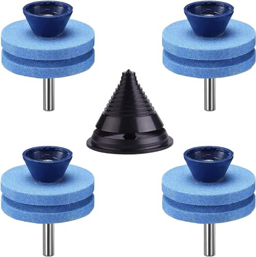 4PCS Lawn Mower Blade Sharpener, Double Layer Corundum Lawnmower Blade Sharpener with Blade Balancer, Universal Wear Resistant Mower Blade Sharpener for Any Power Drill Hand Drill
