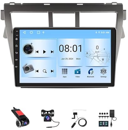 HYNMSM Radio estéreo para automóvil Android 14 de 9 pulgadas y 2 Din para Toyota VIOS Yaris 2007-2012 con navegación GPS, Bluetooth, controles inalámbricos Carplay en el volante, cámara de respaldo A