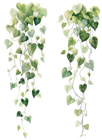 PLIGREAT 2 feuilles vigne verte autocollants muraux feuilles de lierre murales art mural Peel and Stick sticker mural pour cuisine salon chambre bureau décoration intérieure bricolage