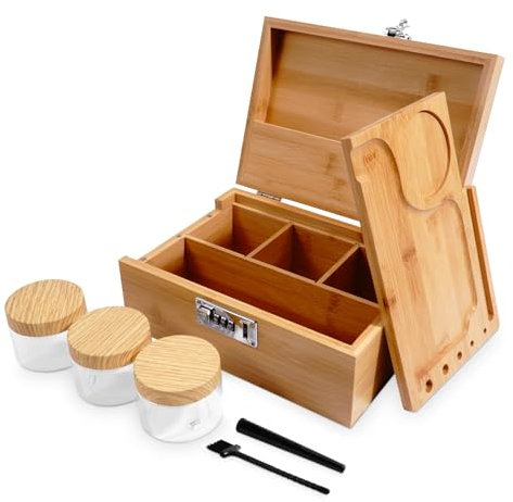QCXWCJWD Rolling Box with Lock,Large Bamboo Box, 3Jar & Brush Rolling Tray Set Storage Box，Gift with Storage Tube, Wooden Storage Kit (Log)