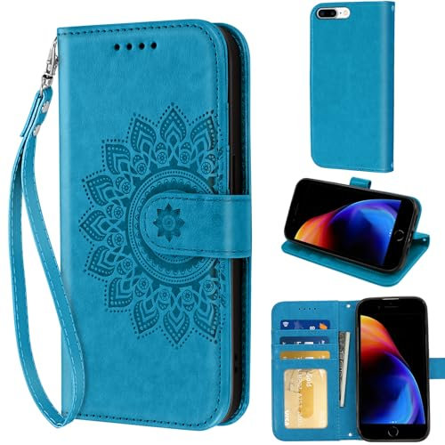 Vauki Coque pour iPhone 7 Plus/8 Plus, Fentes pour Cartes Protection Retro Design PU Etui Housse en Cuir Pochette, Fermeture Magnétique Rabat Etui Portefeuille pour iPhone 7 Plus/8 Plus - Bleu