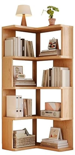 Baannaww Solid Wood Bookcase, Freestanding Shelf, Space Saving Standing Shelf for Living Room, Bedroom, Office, Sturdy Room Divider for Books, Decorative Plants, Open & Modern (4 Layers)