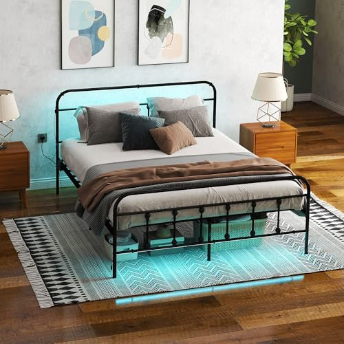 HOMCOM 4ft6 King Size Bed Frame with LED Lights and Charging Station, Metal Platform Bed Frame with Tall Headboard, Footboard and Steel Slat Support, No Box Spring Needed, Easy Assembly, Black