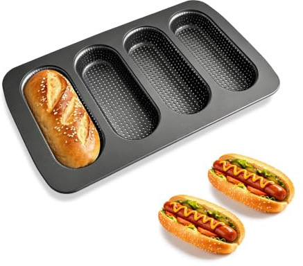 Hot Dog Brötchen Backform, 4er Mini-Baguetteblech aus Edelstahl Schwarz | Hotdog Brötchenform, Mini Baguette Backform für Hotdogs, Brötchen zum Aufbacken, Antihaft Brötchen Blech 34,7 x 21,5 x 2,9cm