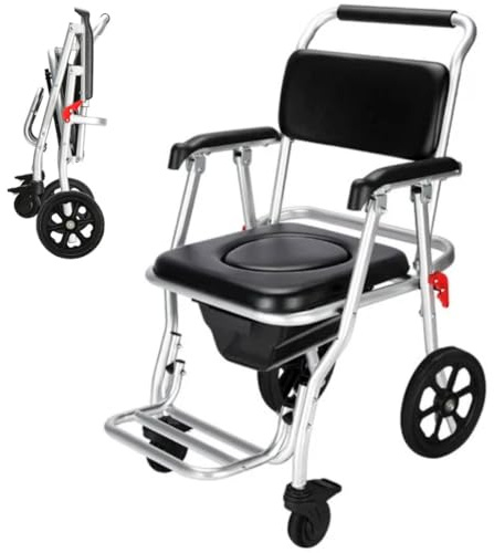 3-in-1 Shower Commode Wheelchair | Foldable Aluminium Wheeled Shower Chair with Padded Seat & Backrest | Removable Commode Bucket & Front Clip Brakes | Attendant-Pushed Indoor Toilet Chair