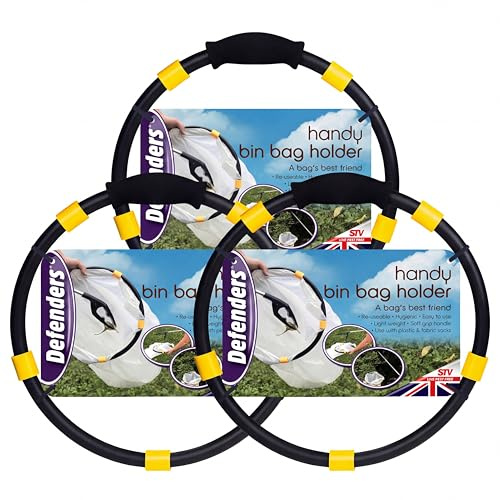 Defenders Pratico Supporto per Sacco della Spazzatura – Confezione Tripla (3 x Supporti), Clip And Go Riutilizzabile, 35,5 cm, Misura Universale, Giardinaggio e Raccolta rifiuti, Nero