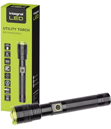 Integral LED wiederaufladbare Taschenlampe (800 Lumen) | Leuchtweite bis 800 m | 3 Modi | spritzwassergeschützt nach IP65 | Ideal für Notfälle, Stromausfälle, Camping, Wandern, drinnen und draußen