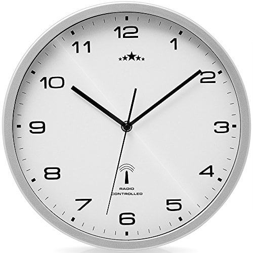 Monzana® Reloj de Pared radiocontrolado de Cuarzo Reloj analógico 31cm Ajuste de Hora Automático Blanco/Plata