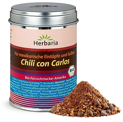 Herbaria Chili con Carlos bio 110g M-Dose – fertige Bio-Gewürzmischung für Chili con & sin Carne, Gulasch, mexikanische Eintöpfe und Soßen – mit erlesenen Zutaten – in nachhaltiger Aromaschutz-Dose