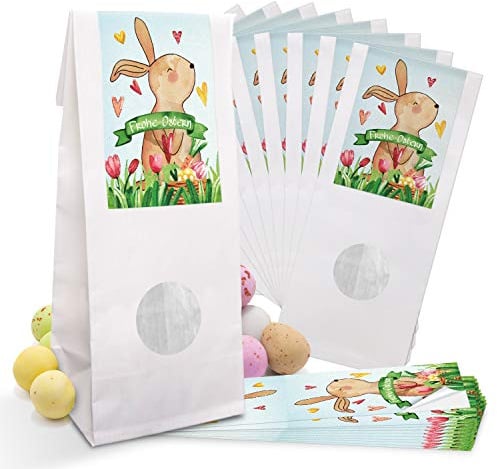 Logbuch-Verlag 10 Ostertüten MIT FENSTER Paperbeutel 8 x 5 x 24,5 cm Ostern Verpackung Lebensmittel Osternest Tüten Beutel MIT AUFKLEBER