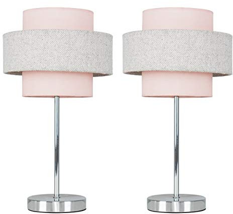 MiniSun | Modern Polished Chrome Touch Table Lamps with a Pink and Grey Herringbone Shade | Table Lamps, Home Décor & Improvement Essential | Set of 2 | Includes 5W LED Bulbs [3000K Warm White]