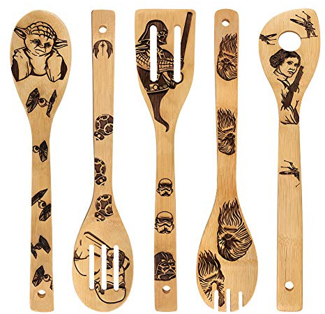 Star War Burned Wooden Spoons Utensil Set Gift Idea Cooking Serving Utensils Natural Bamboo Kitchen House Warming Presents Slotted Spoon 5 Piece