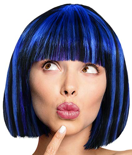 Bob Perücke Wig Cabaret Pagenkopf Pagen Charleston Perücken für Karneval/Fasching & Motto Party - 18 FARBEN (Schwarz mit blauen Strähnen)