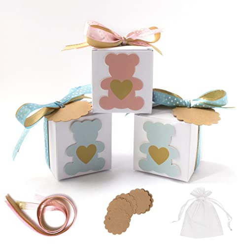 Stella Design Bomboniere Battesimo/Nascita, 48 Pezzi Bigliettini e Sacchetti, Orsetto Maschio/Bambina, Scatole Portaconfetti (Celeste)