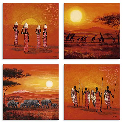 ARTLAND Wanddeko Leinwand Bilder Natur Set 4 tlg. je 40x40 cm Quadratisch Wandbilder Afrika Safari Landschaft Elefanten Giraffen Sonnenuntergang U1OG