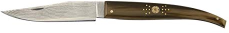 Expósito Coltello punta Albacete con lama in acciaio Damasco VG-10 da 9 cm e impugnatura in corno di toro SVD/501-AT artigianale classica di Albacete. Originale e unico + Portabottiglie regalo