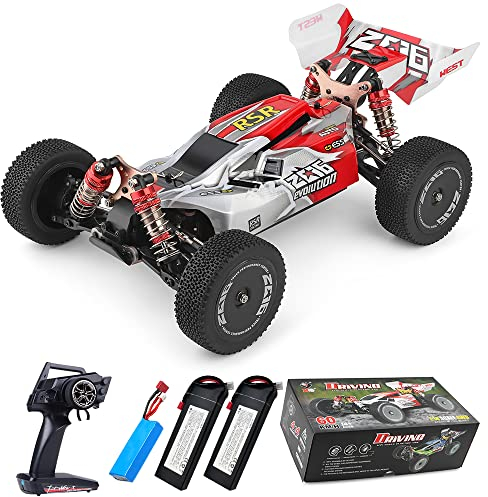 Teeggi WLtoys 144001 Ferngesteuertes Auto, 2600mAh Batterie Aufrüsten 1/14 RC Geländewagen 4WD 60KM/H RC Hohe Geschwindigkeit Offroad Drift 45 Min Fahrvergnügen 3 Batterien (Rot)